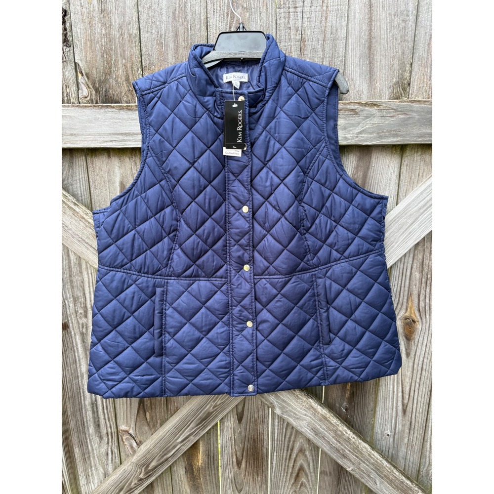 Kim Rogers Harbor Navy Quilted Vest Womens 2X Blue Full Zip Snap Front New NWT